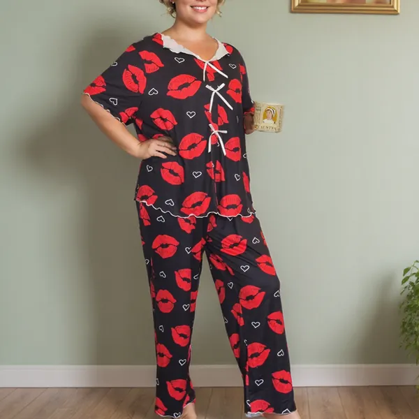 بيجامه نسائية محبوكة بطبعة شفاه -Women's knitted lip print pajamas