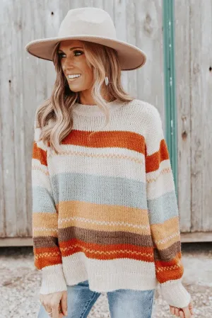 Crew Neck Drop-Shoulder Striped Color Block Sweater