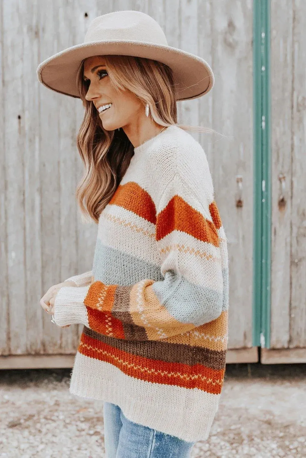 Crew Neck Drop-Shoulder Striped Color Block Sweater
