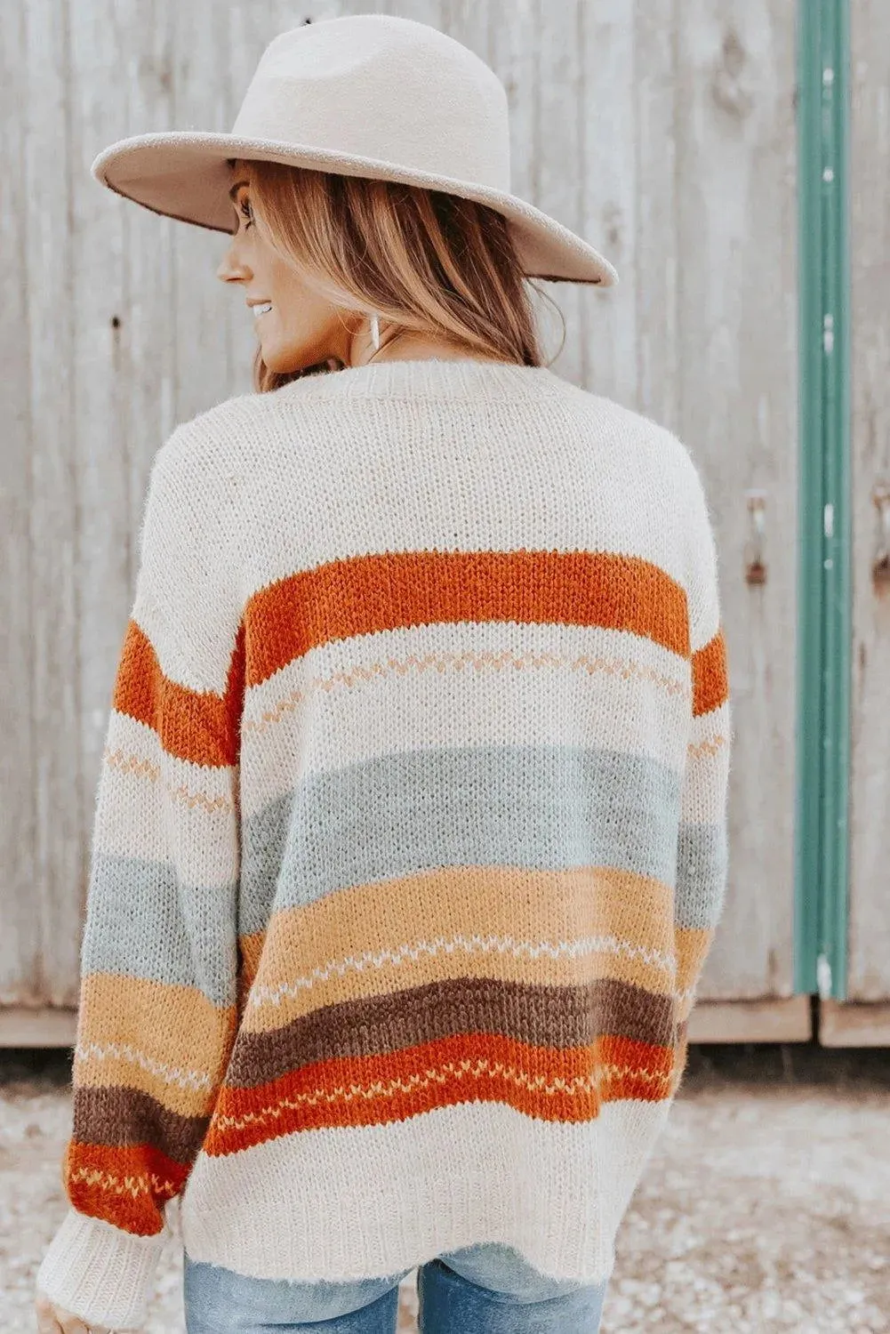 Crew Neck Drop-Shoulder Striped Color Block Sweater