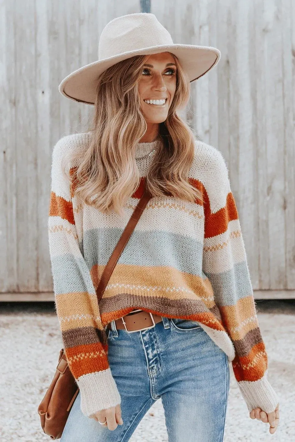 Crew Neck Drop-Shoulder Striped Color Block Sweater