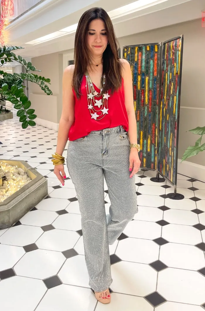 High Rise Rhinestones Denim Jeans
