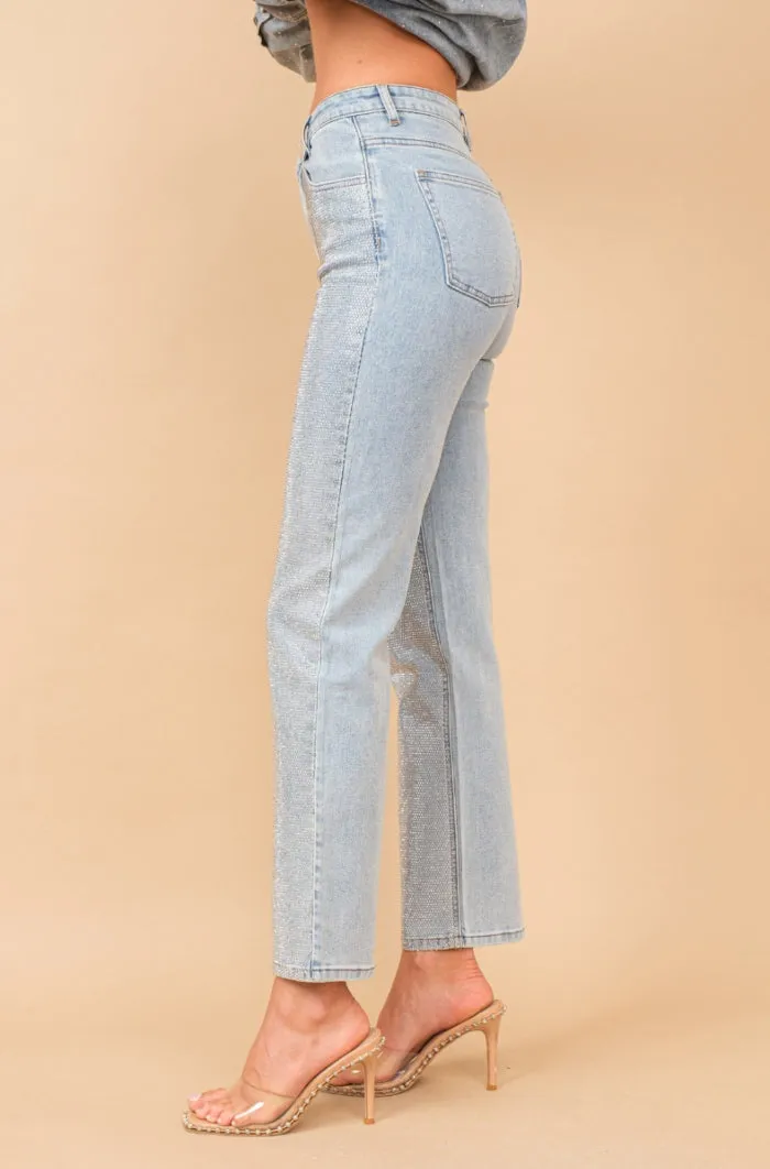 High Rise Rhinestones Denim Jeans