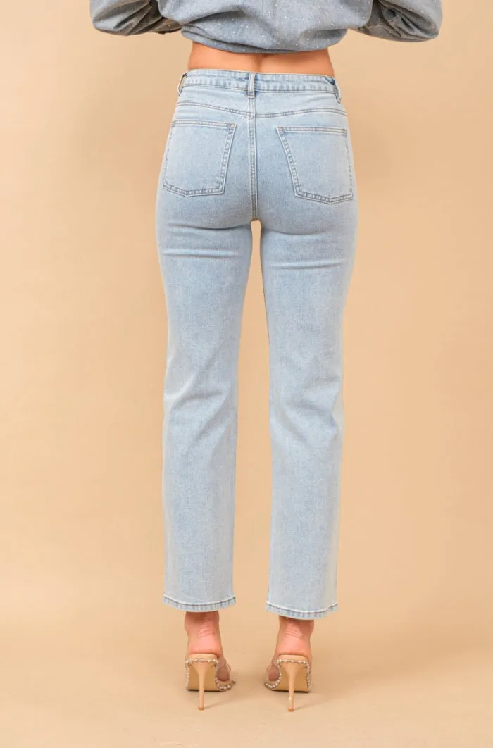 High Rise Rhinestones Denim Jeans
