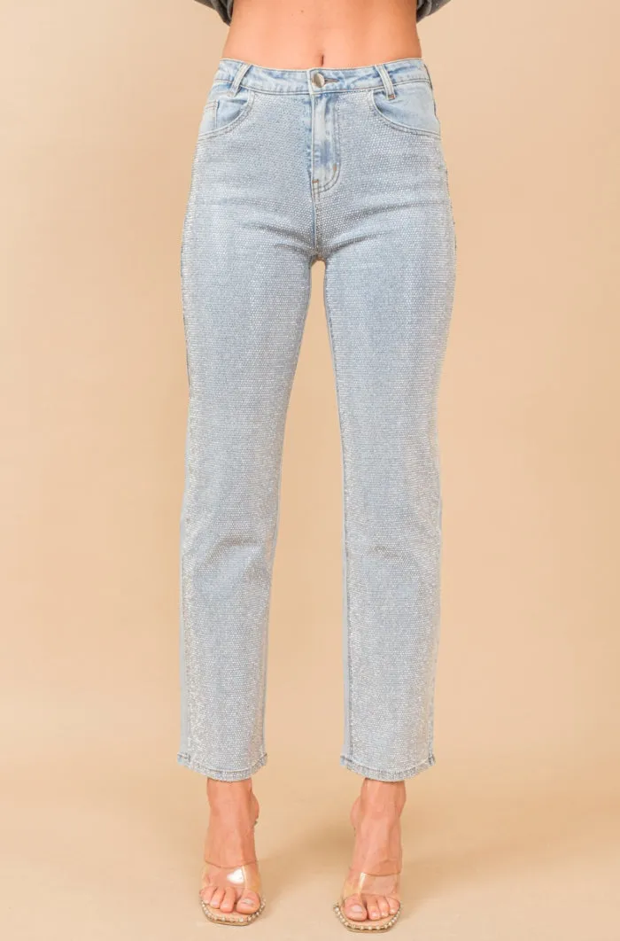 High Rise Rhinestones Denim Jeans