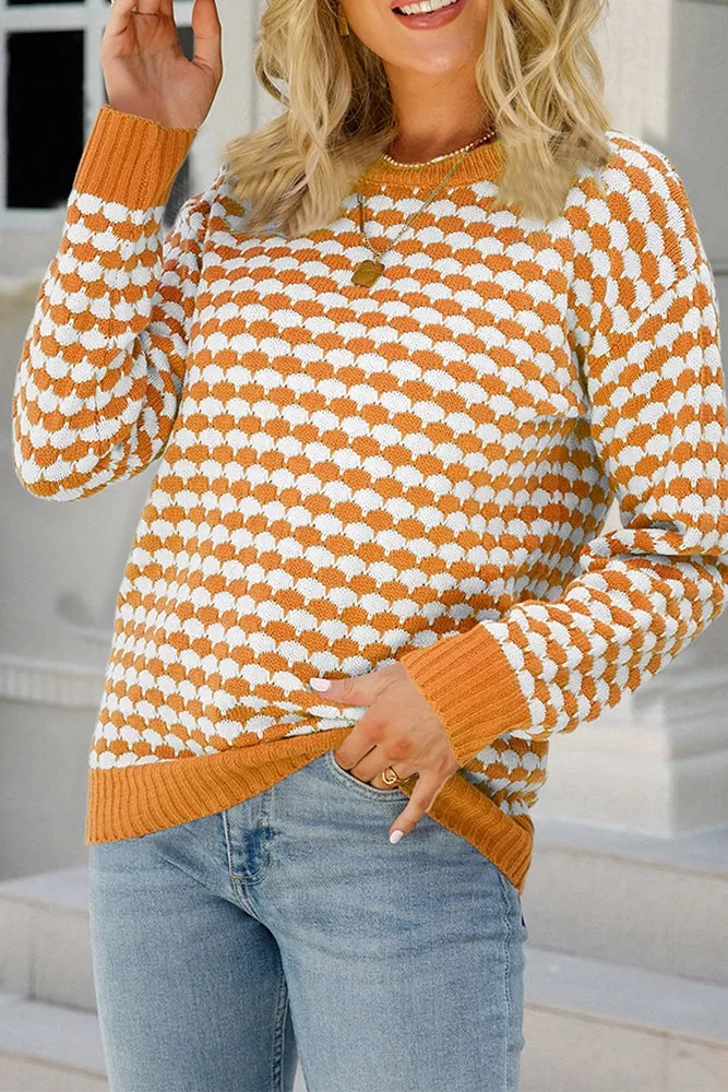 HUNTIQUE | Khaki | Checked Knit Pullover Sweater