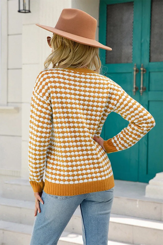 HUNTIQUE | Khaki | Checked Knit Pullover Sweater