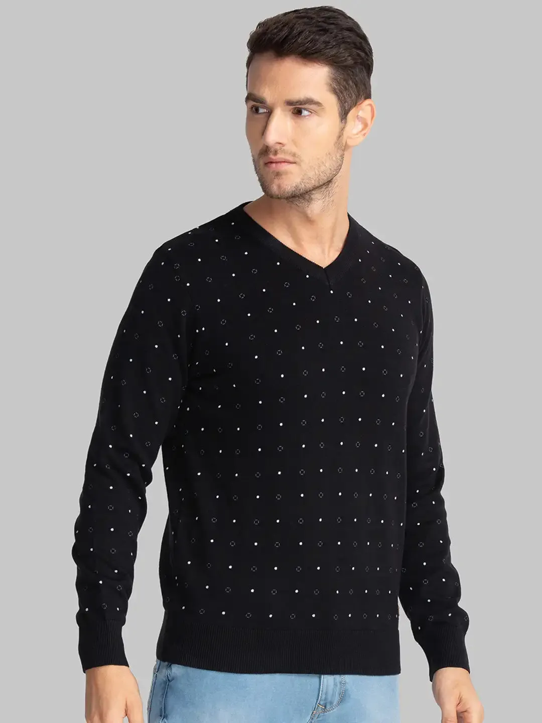 Men Black Print Cotton Full Sleeve Sweaters