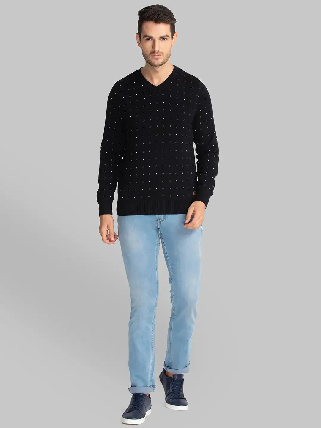 Men Black Print Cotton Full Sleeve Sweaters
