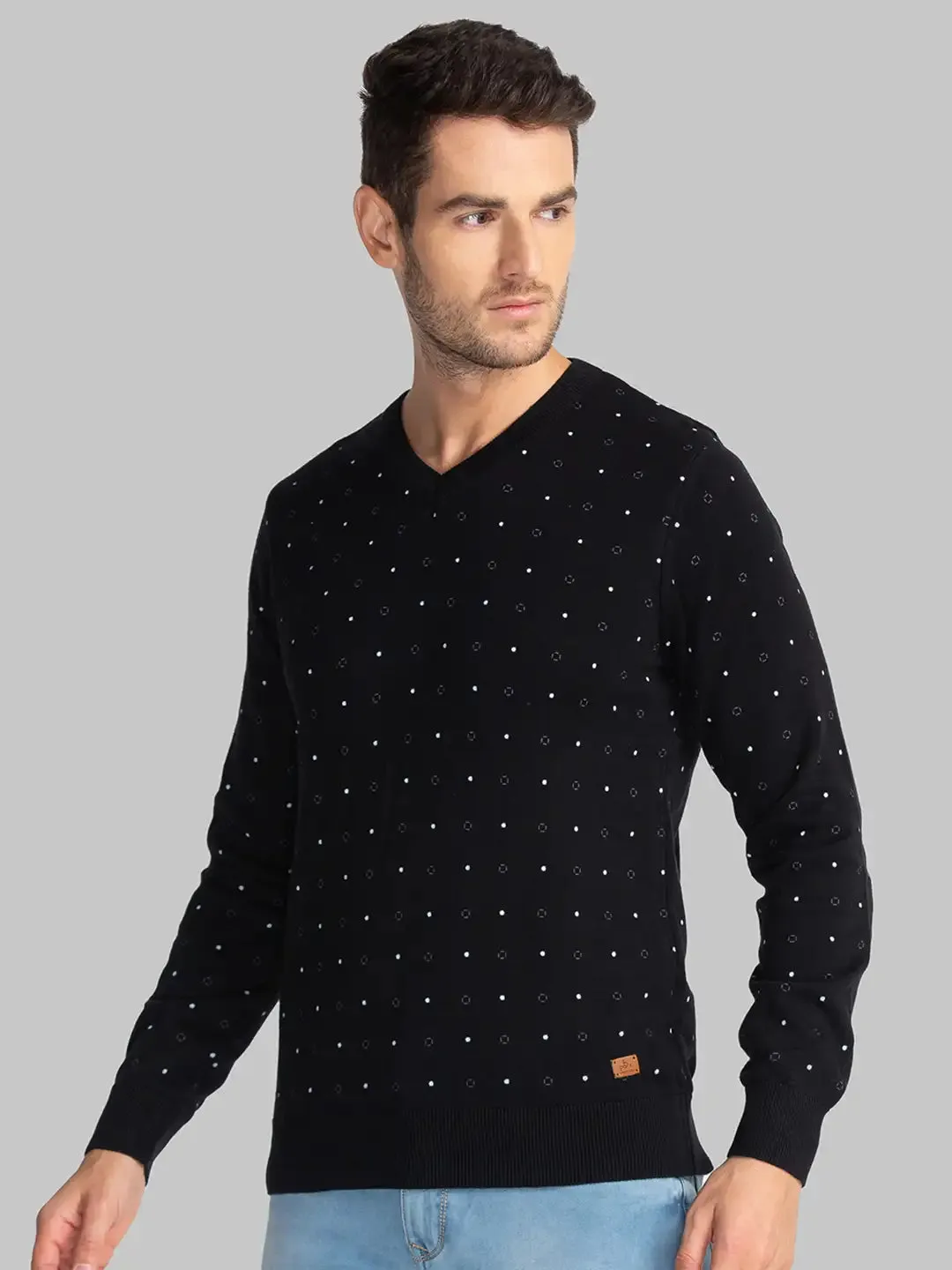 Men Black Print Cotton Full Sleeve Sweaters