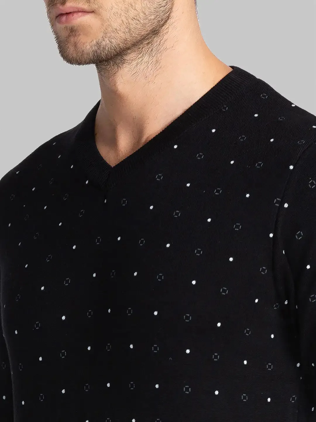 Men Black Print Cotton Full Sleeve Sweaters