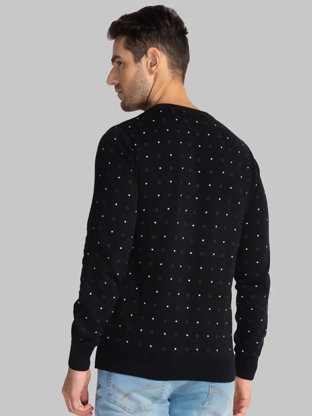 Men Black Print Cotton Full Sleeve Sweaters