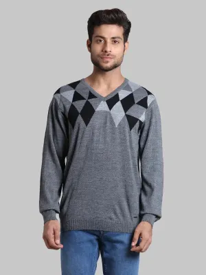 Men Black Regular Fit Argyle Wool Blend Full Sleeve V Neck Collar Sweaters