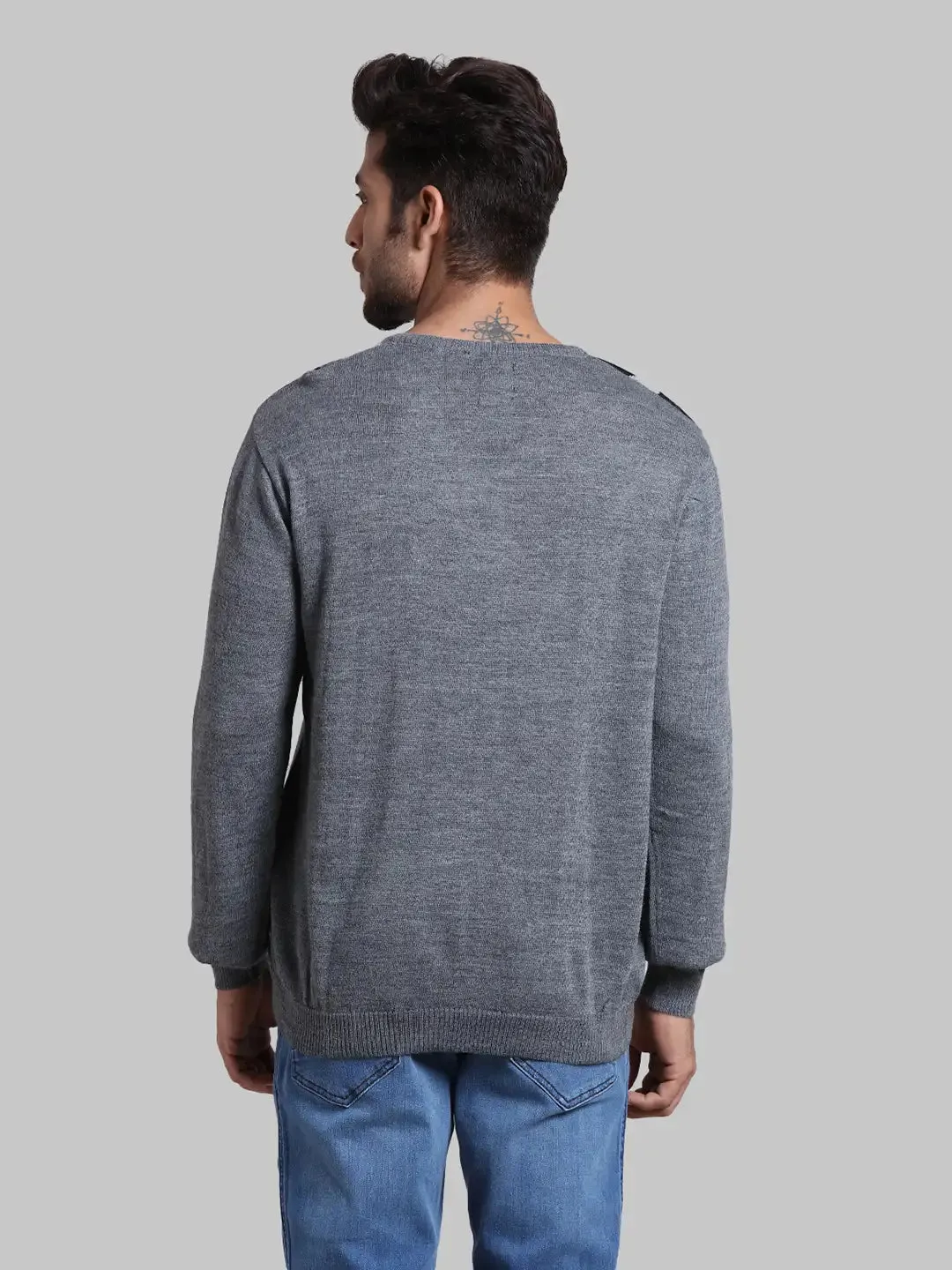 Men Black Regular Fit Argyle Wool Blend Full Sleeve V Neck Collar Sweaters