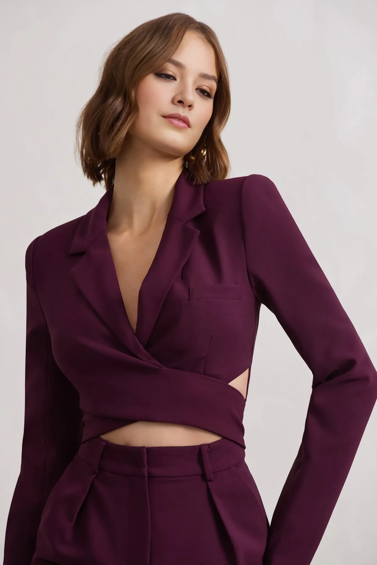 Plum Deep-V Belted Tailored Romper