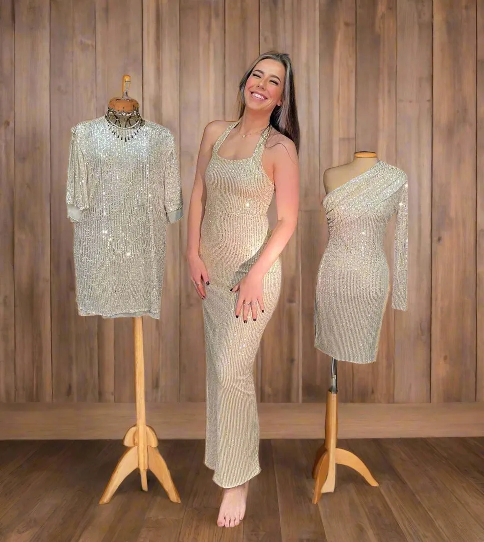 Sleeveless Halter Sequins High Slit Party Dress