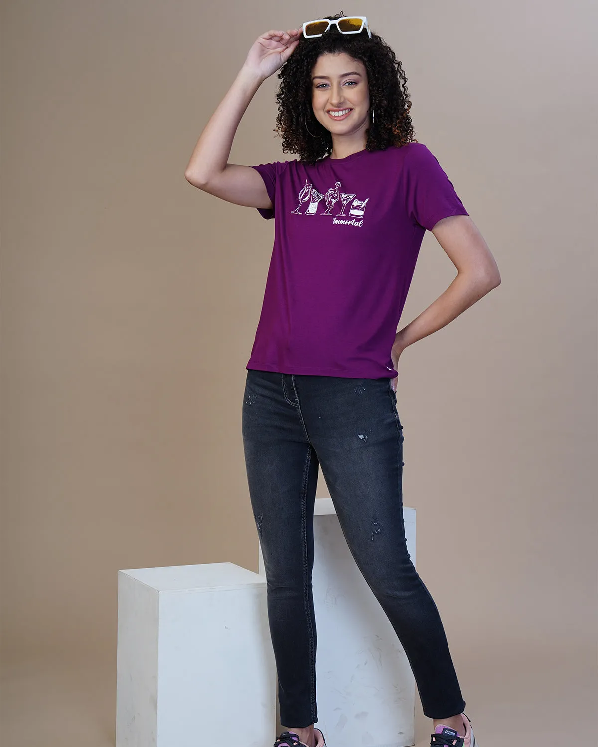 Women Purple Printed Round Neck T-Shirt