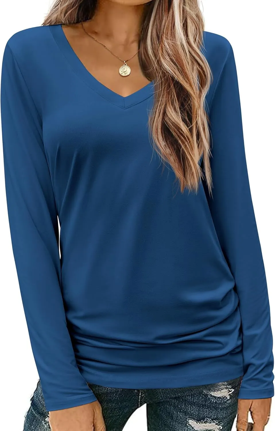 Zeagoo Womens T Shirts Long Sleeve V Neck Basic Tee Soft Casual Loose Fit Fall Tops Outfits 2024
