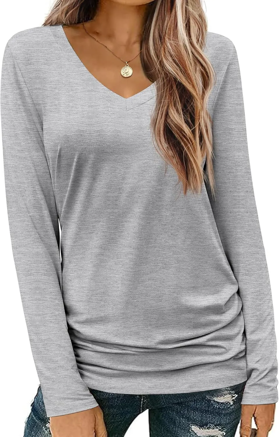 Zeagoo Womens T Shirts Long Sleeve V Neck Basic Tee Soft Casual Loose Fit Fall Tops Outfits 2024