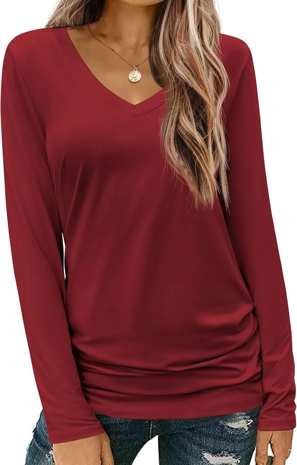 Zeagoo Womens T Shirts Long Sleeve V Neck Basic Tee Soft Casual Loose Fit Fall Tops Outfits 2024