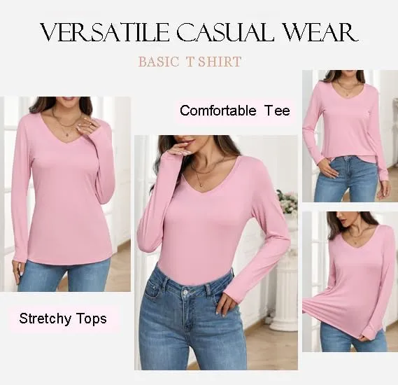 Zeagoo Womens T Shirts Long Sleeve V Neck Basic Tee Soft Casual Loose Fit Fall Tops Outfits 2024