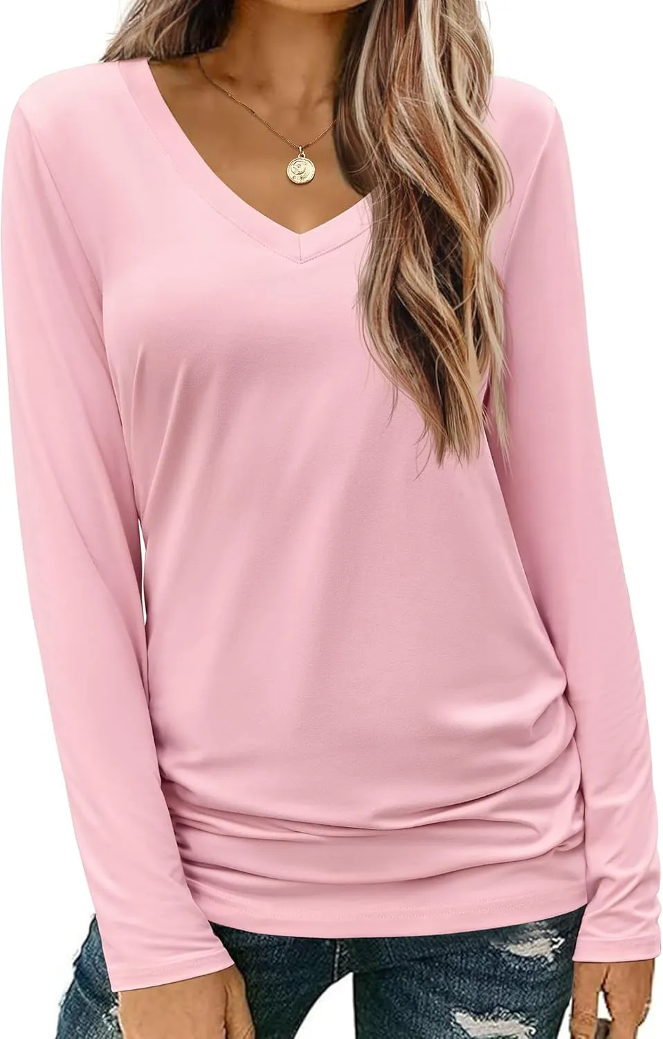 Zeagoo Womens T Shirts Long Sleeve V Neck Basic Tee Soft Casual Loose Fit Fall Tops Outfits 2024